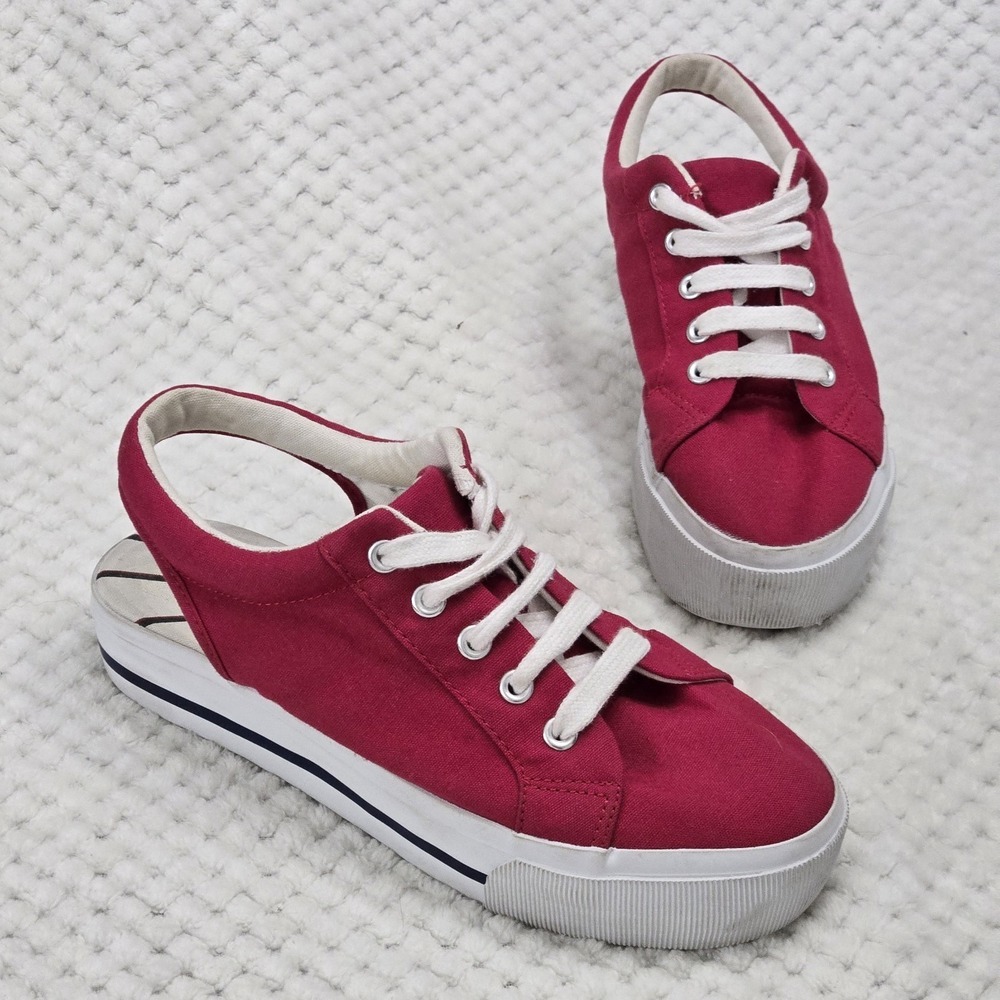 City Sneaks 90s Y2K Slingback Sz 7.5 Red White Canvas‎ Lace Up Chunky Shoes